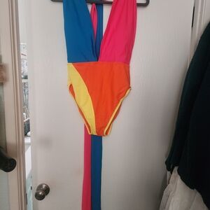 Colorful Deep V style One Piece Swimsuit. Straps Wrap multi-way Into Belt